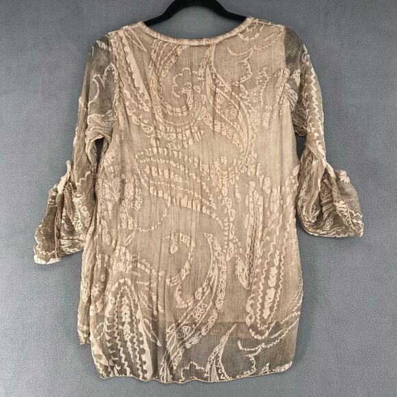 Scandal Italy Crepe Silk Womens Roll Sleeve Blouse S Tan Boho Floral Lagenlook - Picture 2 of 16